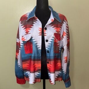 Patterned Aztec Button-Up Jacket - Red, Blue, White